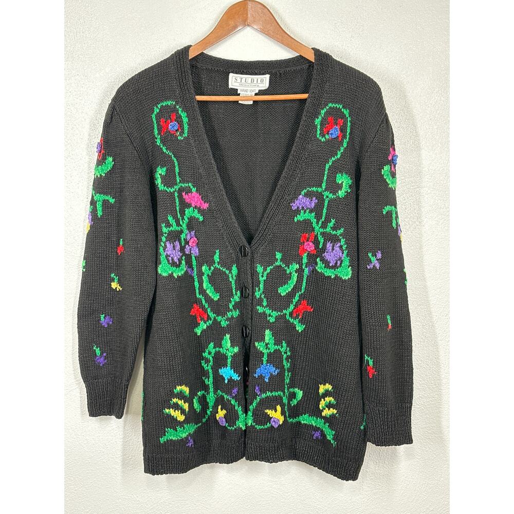 VTG Hand Knit Cardigan Sweater M Black Color Embroidered Floral Dark Coquette